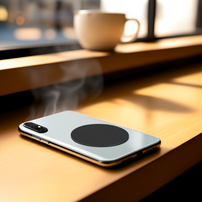Smartphone lying back-up on a standalone Qi wireless charging pad on a café table