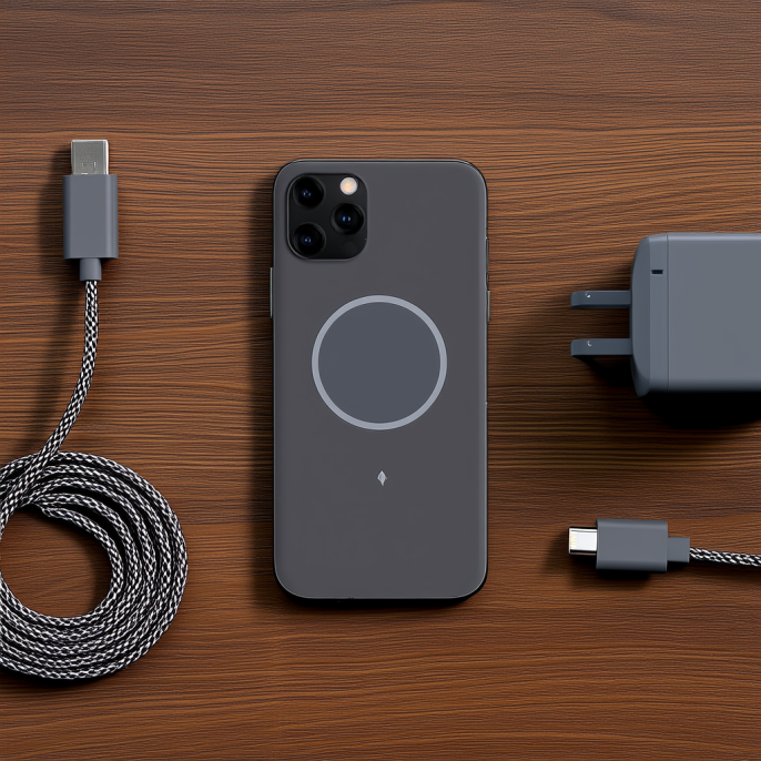 磁吸无线充电器贴在手机背部正中央,旁边放着 USB-C 充电头与线材