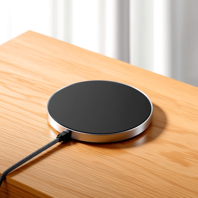 磁吸无线充电器产品概念图:独立圆形充电盘搭配编织 USB-C 线,置于浅木桌面