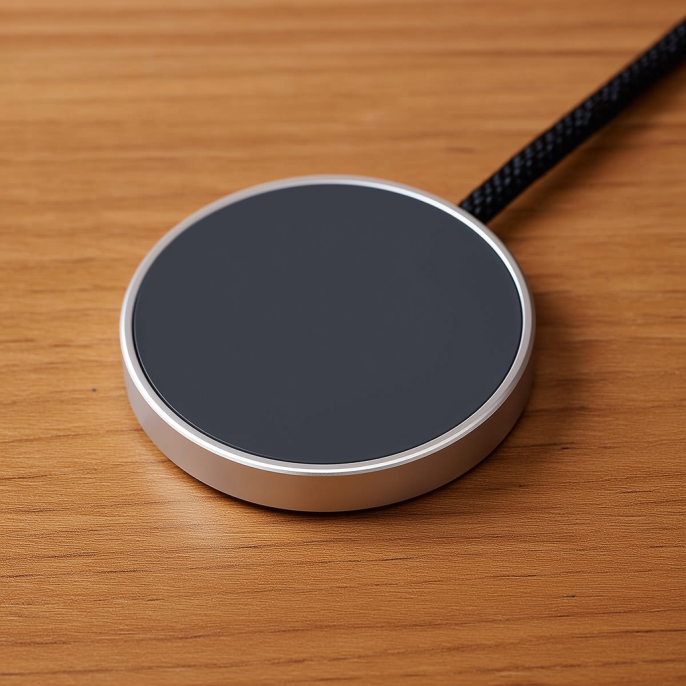 Product concept image of a magnetic wireless charger: a round charging puck resting on a wooden desk with no phone in frame