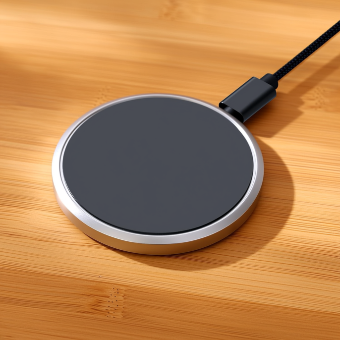 Product concept of a wireless charger: a round magnetic charging puck resting on a wooden desk, with visible thickness and a silver aluminum rim