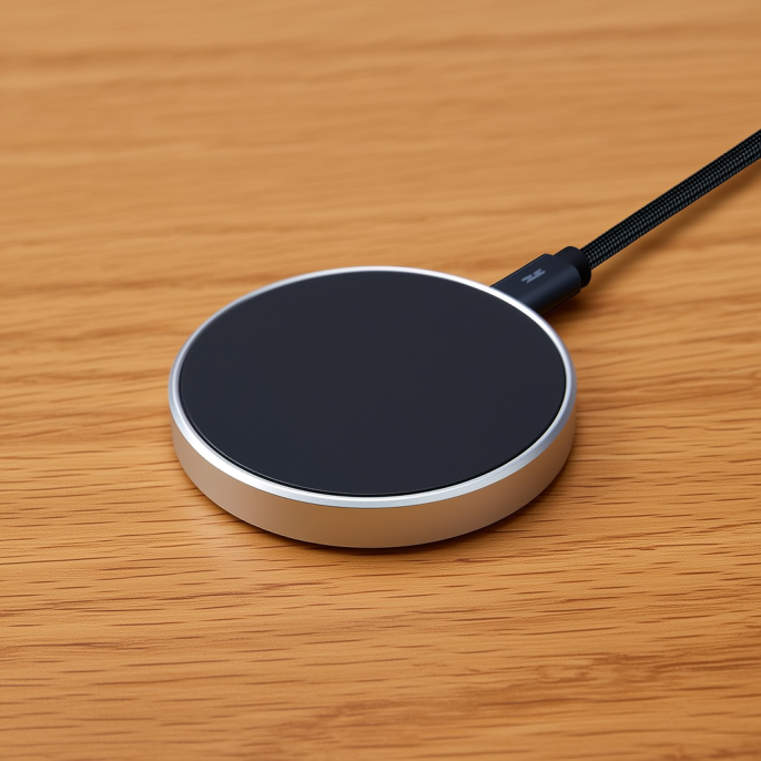 Angled side view of a standalone round magnetic wireless charging puck with a silver aluminum rim and blank matte dark grey surface, black braided USB-C cable entering from the top right, resting on a light wood desk